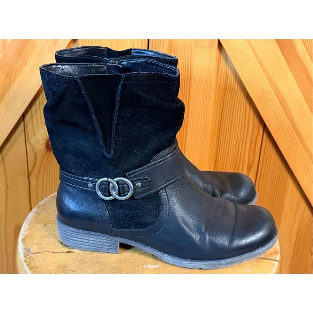 Tara M Heron "Hera" Zip Up Black Leather & Suede Slouch Moto Boots Size 8